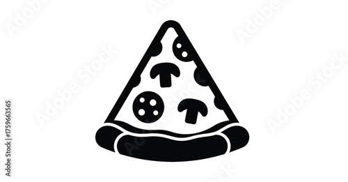 A black and white graphic illustration of a pizza slice with mushroom and pepperoni toppings silhouette