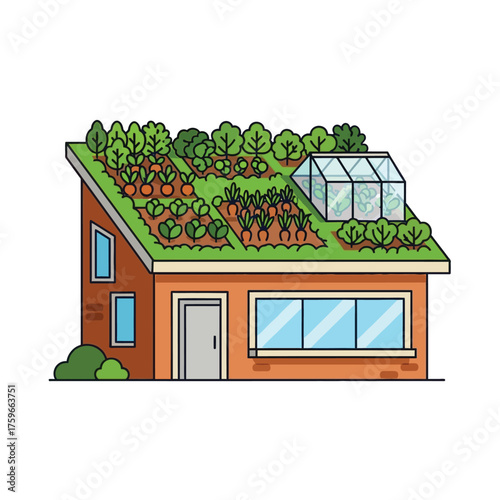 A house with a garden and greenhouse on its rooftop.