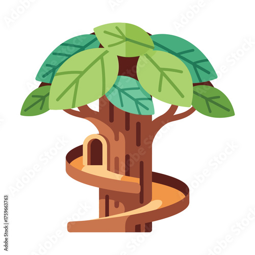 A stylized tree with a spiral slide and a playful entrance.