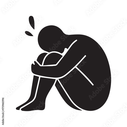 Sad Depressed Person Icon Crying in Despair. Mental Health Crisis, Grief, and Loneliness Symbol.
