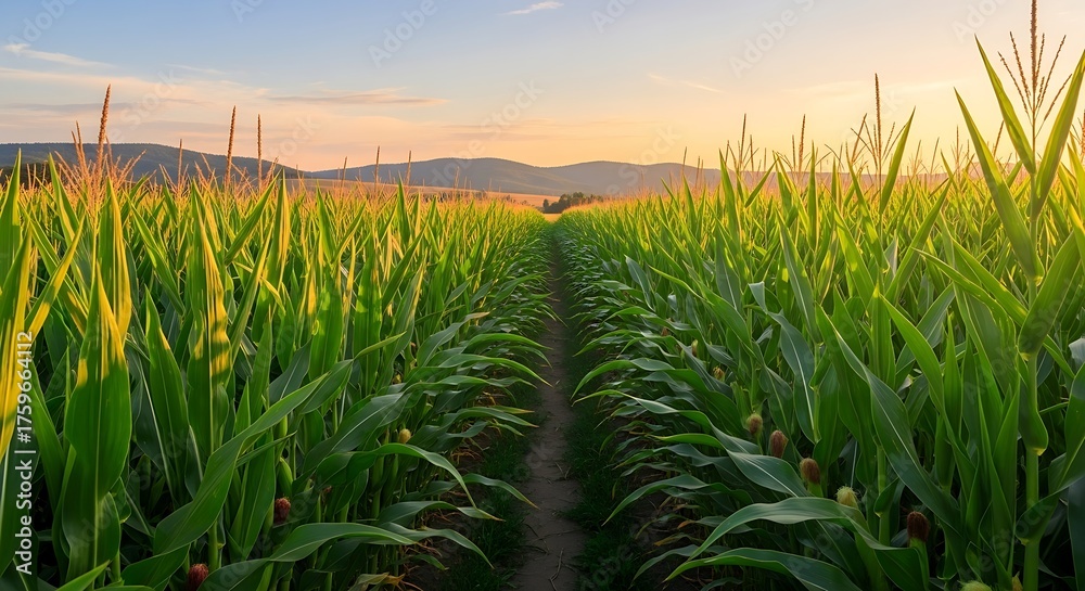 Fototapeta premium Lush green cornfield path stretching into the distance at sunset, framed by warm golden light and hills.