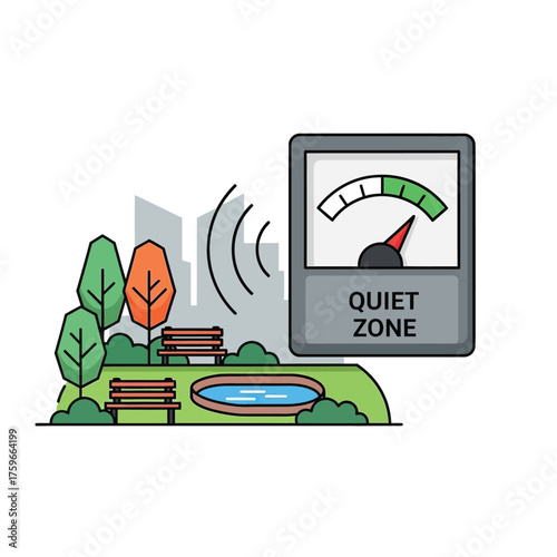 A park scene with a "Quiet Zone" meter indicating low noise levels.