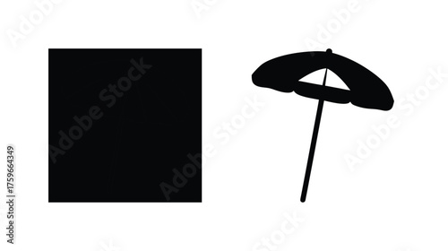 Simple silhouette beach umbrella icon standing beside a solid black square against white