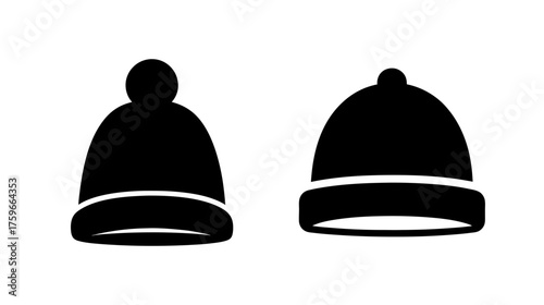 Two black silhouette beanies one with pom pom warm winter headwear fashion accessory simple icon graphic