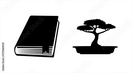 Open book with ribbon marker and silhouetted bonsai tree symbolizing knowledge and growth