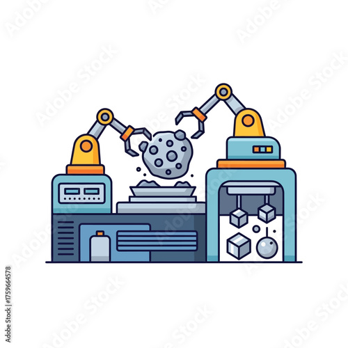 Robotic arms are shown in a futuristic automated manufacturing process.