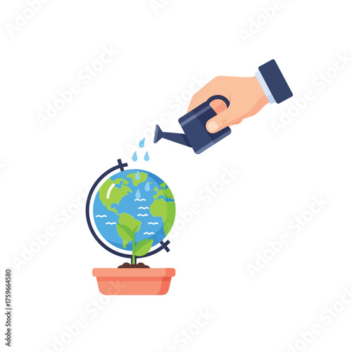 A hand waters a globe-shaped plant growing from a pot.