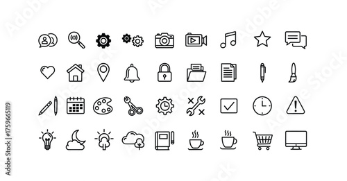 A collection of various outline icons arranged in rows on a white background, simple and clean silhouette