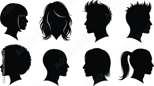 Human head silhouette collection of male and female profiles, hairstyle variety vector illustration, modern people portrait design
