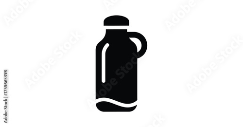 A black silhouette of a bottle with a handle and a cap on a white background illustration