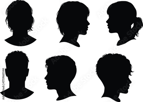 Silhouette profiles of diverse men and women, black head side view vector illustration, people portrait outline art design set