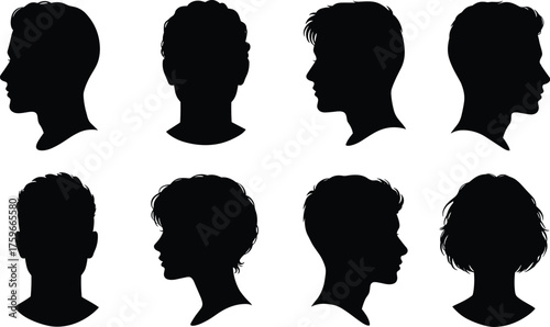 Silhouette profiles of diverse men and women heads, black vector portraits and hairstyles, side and front view illustration design