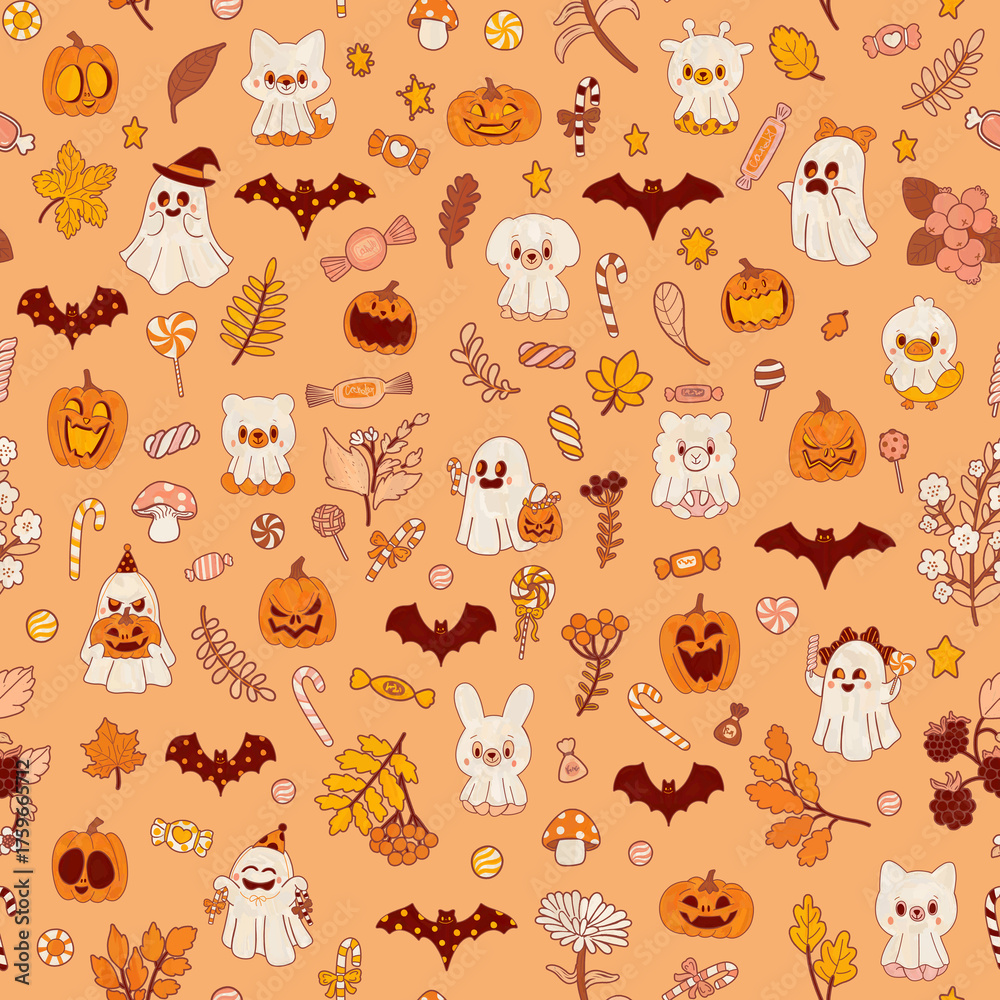 Fototapeta premium A sweet folk Halloween seamless wallpaper. Woodland ghosts, sweets, candies, pumpkins, animals in costumes, and bats are featured in this pattern. A floral botanical orange print features autumn leave