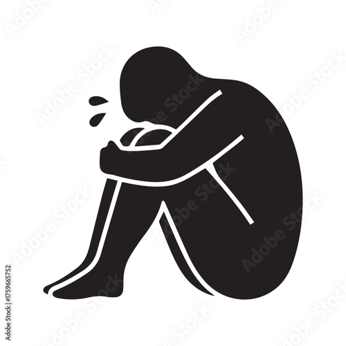 Sad Depressed Person Icon Crying in Despair. Mental Health Crisis, Grief, and Loneliness Symbol.
