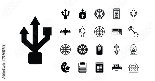 A collection of various black and white icons including usb symbols and other miscellaneous items silhouette