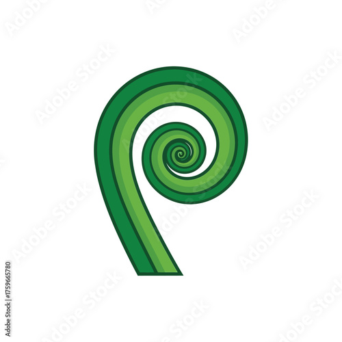 Green fern frond unfurling in a spiral pattern on a white background.