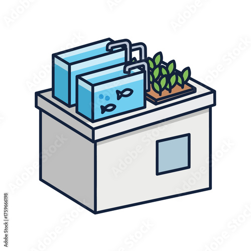 Aquaponics system with fish tanks and growing plants.