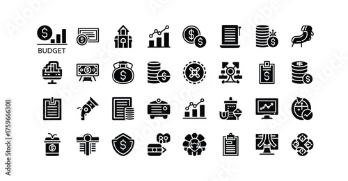 A collection of solid black icons representing financial planning and business management tools silhouette