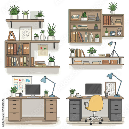 Modern Interior Room Set Vector Collection | Outline Flat Design with Realistic Details