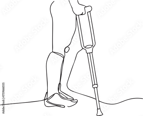 Line drawing of a person walking with a crutch and prosthetic leg