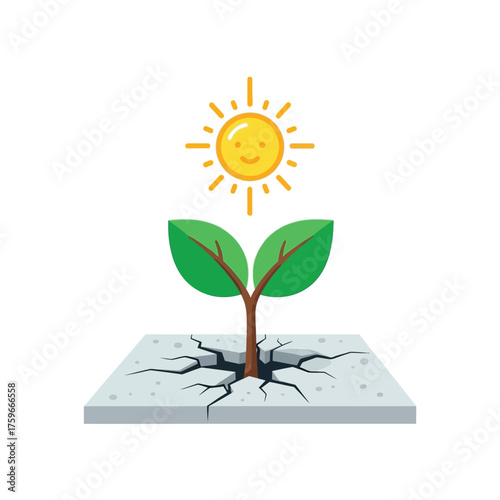 A plant grows from cracked ground tods a smiling sun.