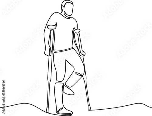 Line drawing of a person walking with a crutch and prosthetic leg