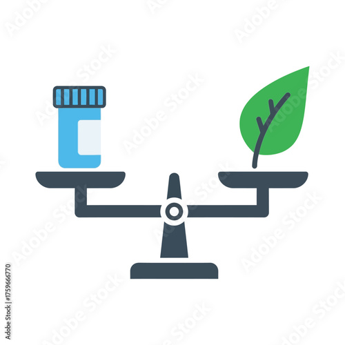 A scale balances a medicine bottle against a green leaf.