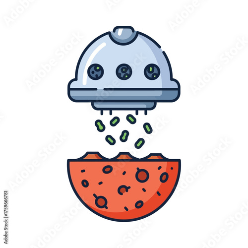 A stylized UFO dropping green objects onto a cratered planet.
