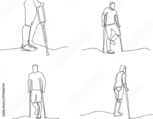Set of Line drawing of a person walking with a crutch and prosthetic leg