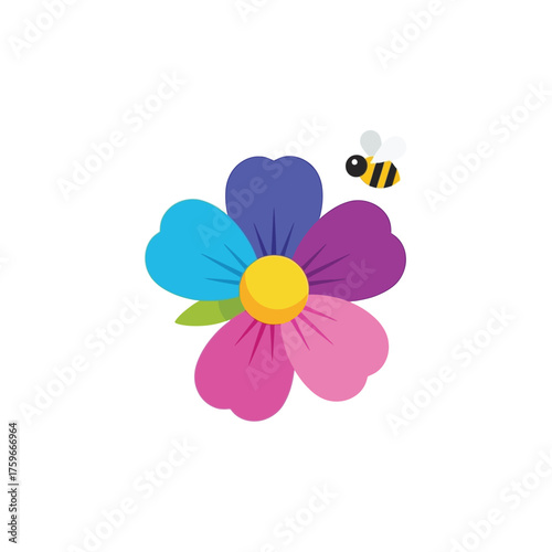 A , cartoon bee flies near a colorful flower with heart-shaped petals.
