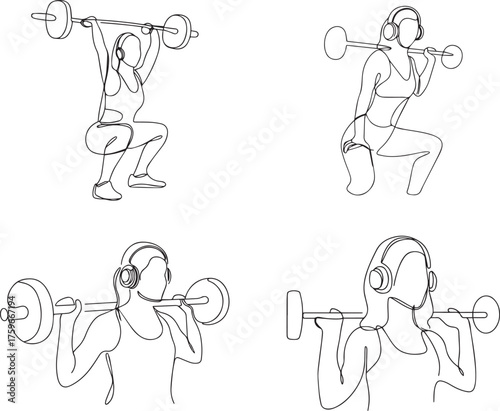 Set of Woman performing a barbell squat in a continuous line drawing style