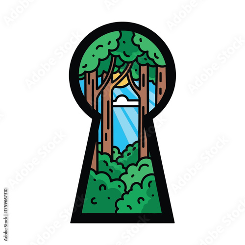 A keyhole view of a lush green forest with trees and the sky.