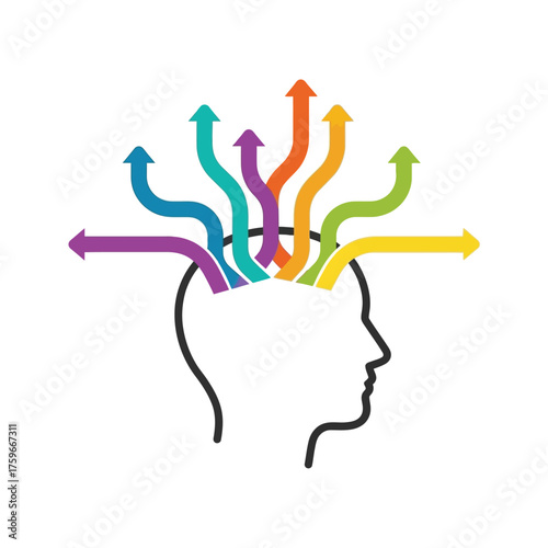 A silhouette of a head with colorful arrows emerging from it.
