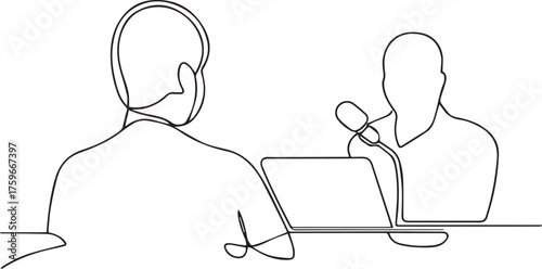 Minimalist line drawing of two people in a conversation with a microphone and laptop