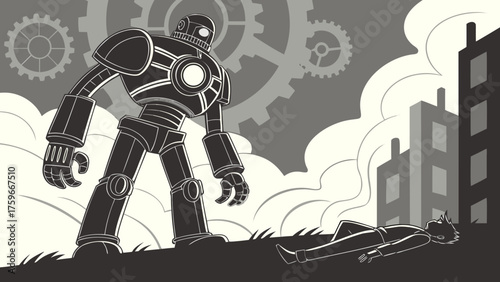 A menacing robot stands over a fallen human in a dystopian city scene