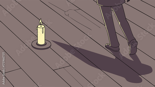 Animated Candle and Figure Cast Long Shadow on Wooden Floor