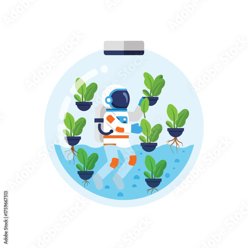Astronaut tending to plants in a futuristic indoor garden.