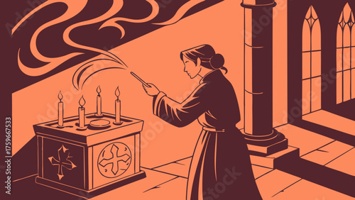 A Priest Lighting Candles in a Church Symbolic and Artistic Illustration