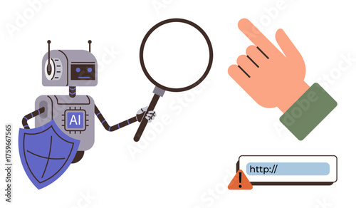 AI robot holding magnifying glass near shield, hand pointing to alert on web address. Ideal for online safety, cybersecurity, AI research, data protection, threat detection, error analysis, simple