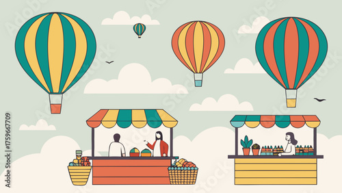 Colorful Hot Air Balloons Above Market Stalls with Vendors and Goods