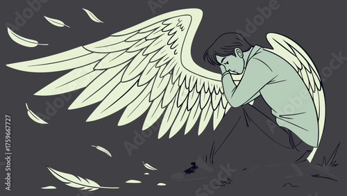 Contemplative Angel Winged Figure in Despair with Falling Feathers