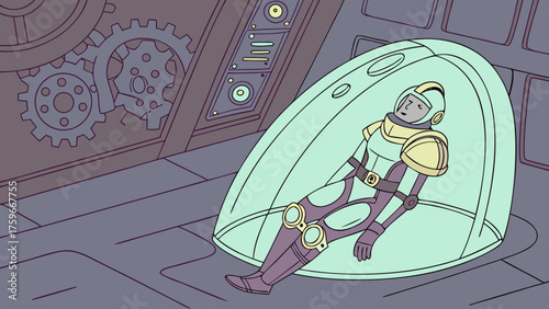 Futuristic Astronaut Resting Inside a Transparent Capsule in a SciFi Setting