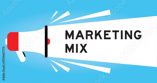 Color megaphone icon with word marketing mix in white banner on blue background