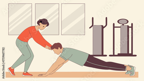 Illustrated man doing pushups with assistance from a trainer in a gym