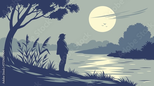 Silhouette of a man in hat standing by riverbank under the moonlight