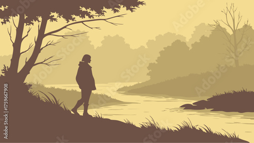 Silhouette of a Person Contemplating Natures Serene River Landscape