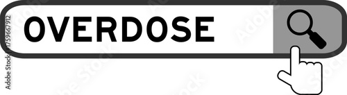 Search banner in word overdose with hand over magnifier icon on white background