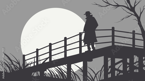 Silhouette of a Person on a Bridge with a Large Moon and Tree
