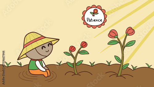 Smiling Gardener Watching Blossoming Flowers with Patience and Hope