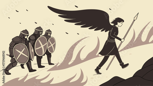 Winged Figure Leading Soldiers with Spear Symbolic of Courage